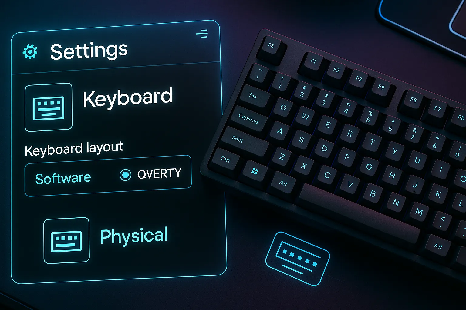 Keyboard layout software settings alongside physical mechanical keyboard on a gamer desk