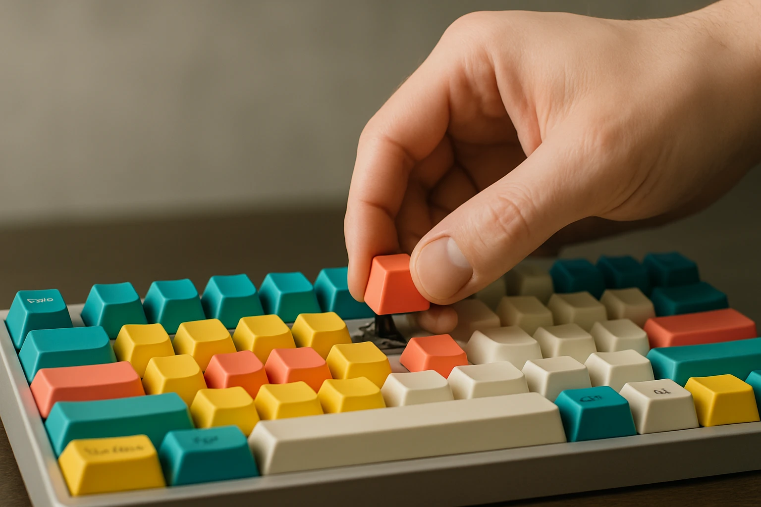 Realistic side-angle photo of someone installing colorful custom keycaps onto a mechanical keyboard