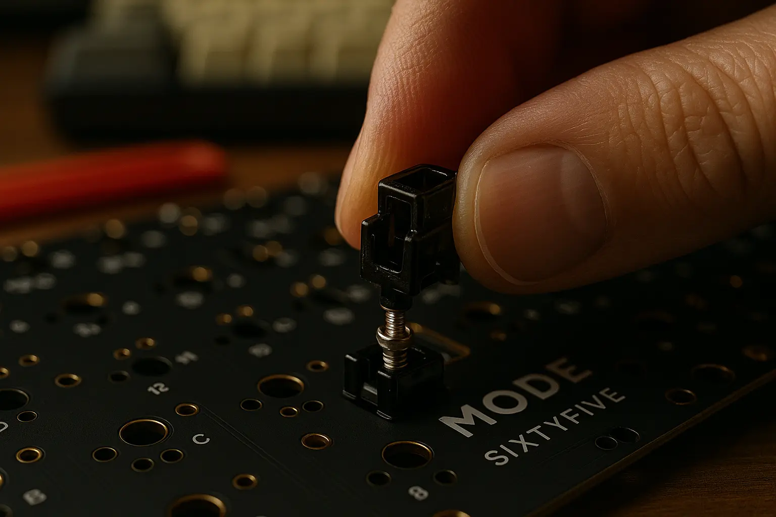 Installing stabilizers on Mode SixtyFive PCB with close-up precision