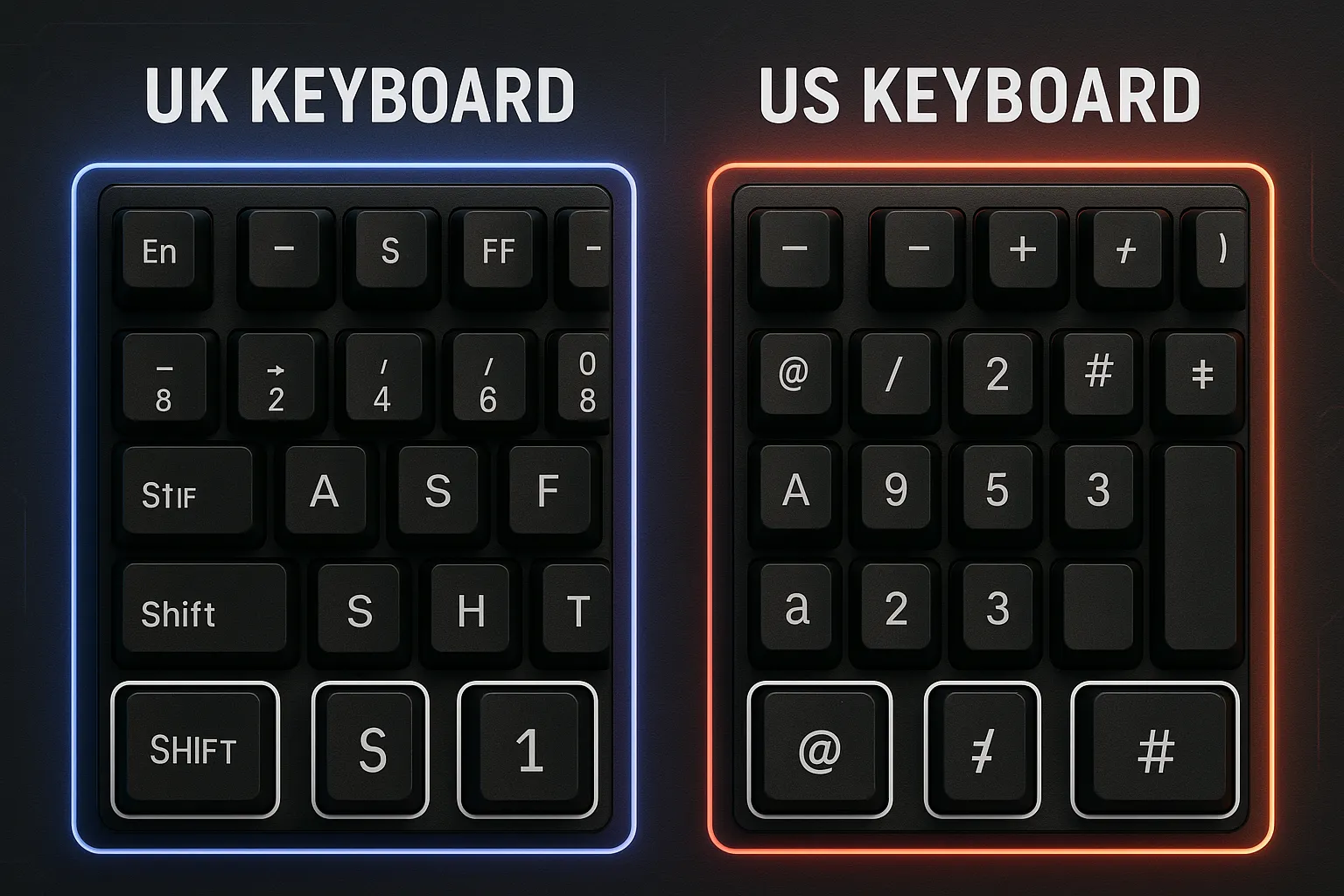 Detailed view of key differences between UK and US keyboard layouts including Enter, Shift, and symbol keys