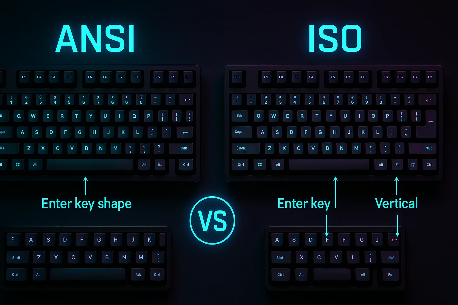 Top-down view of ANSI vs ISO keyboard standards showing key size and shape differences