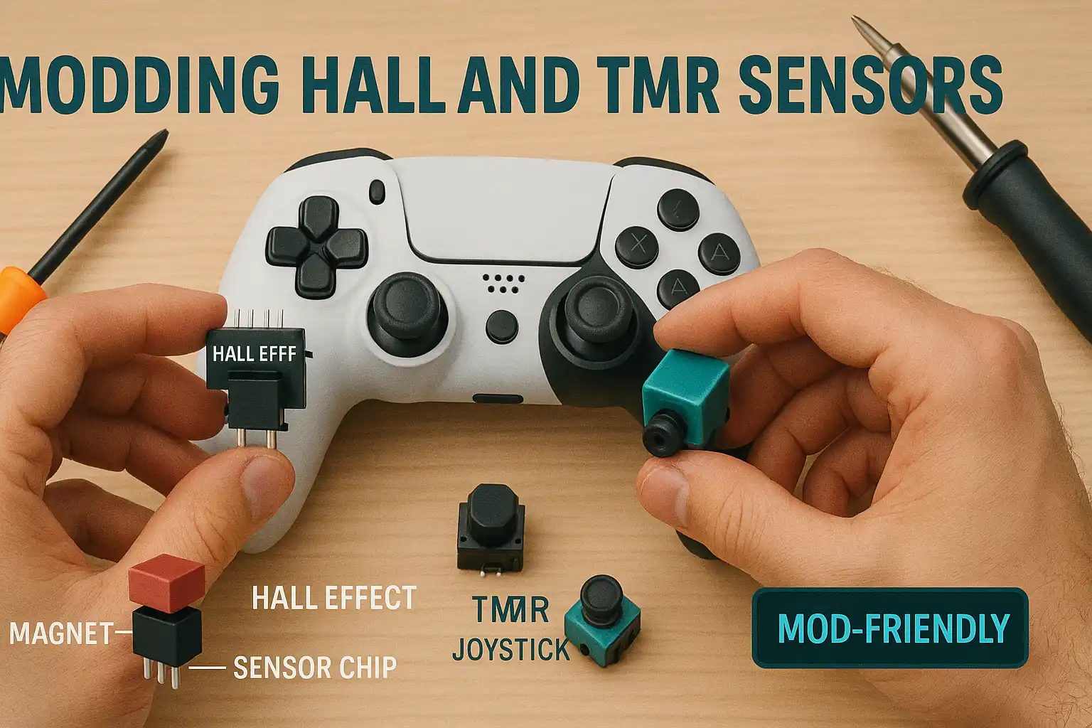 Controller teardown showing Hall and TMR joystick sensor modding