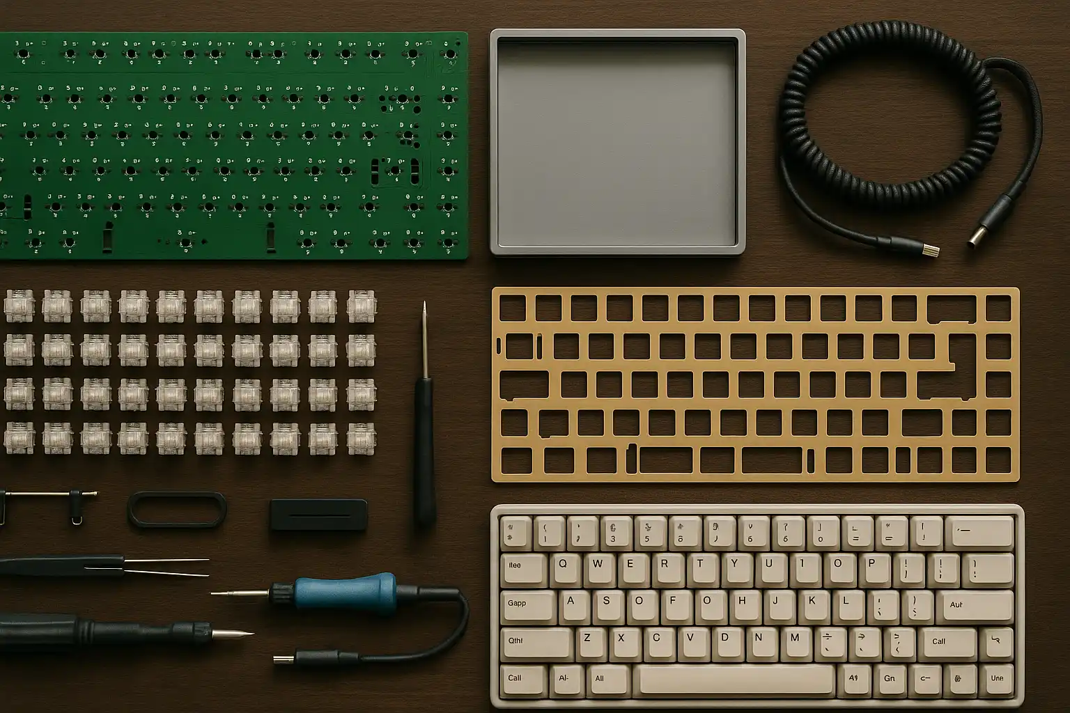 Top-down view of custom mechanical keyboard components, including PCB, switches, stabilizers, plate, and tools laid out neatly on a desk