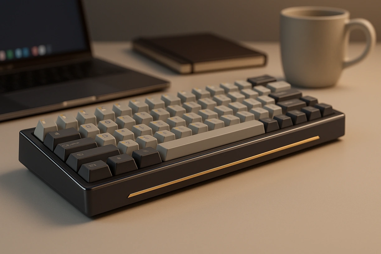Fully assembled Mode Envoy keyboard with anodized aluminum case and accent bar, placed on a stylish modern desk with soft background blur.