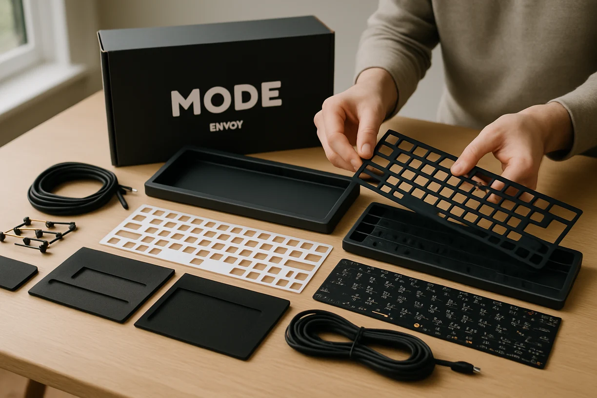 Top-down view of the Mode Envoy mechanical keyboard components, including CNC case, plates, PCB, foam, stabilizers, and USB-C cable, being unboxed on a clean desk.
