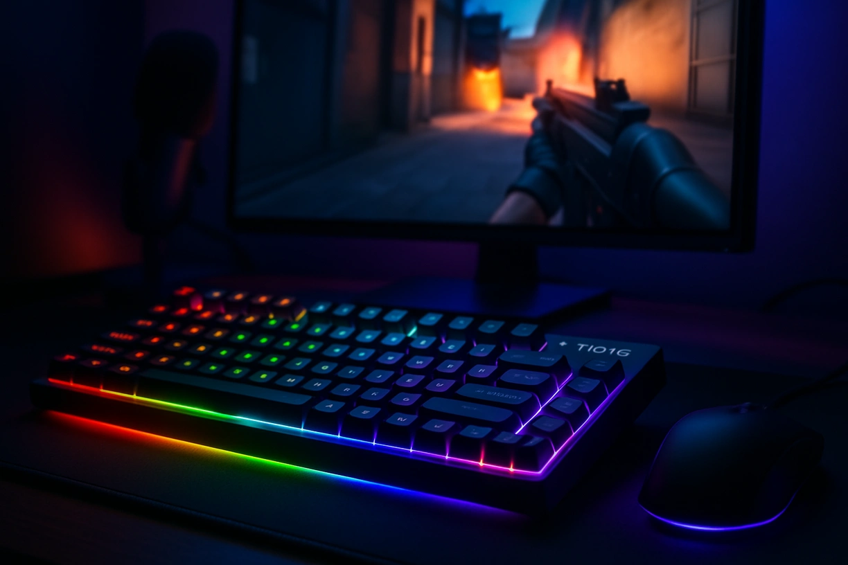 Mode Envoy mechanical keyboard in real-world use, shown in a split-screen setup featuring a typing environment and a gaming station with RGB lighting.