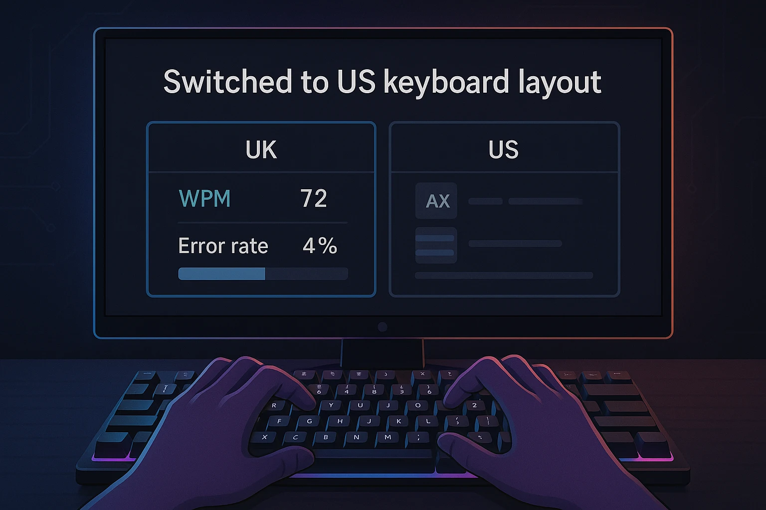 Typing test comparison between UK and US keyboard layouts with error rate and WPM overlay