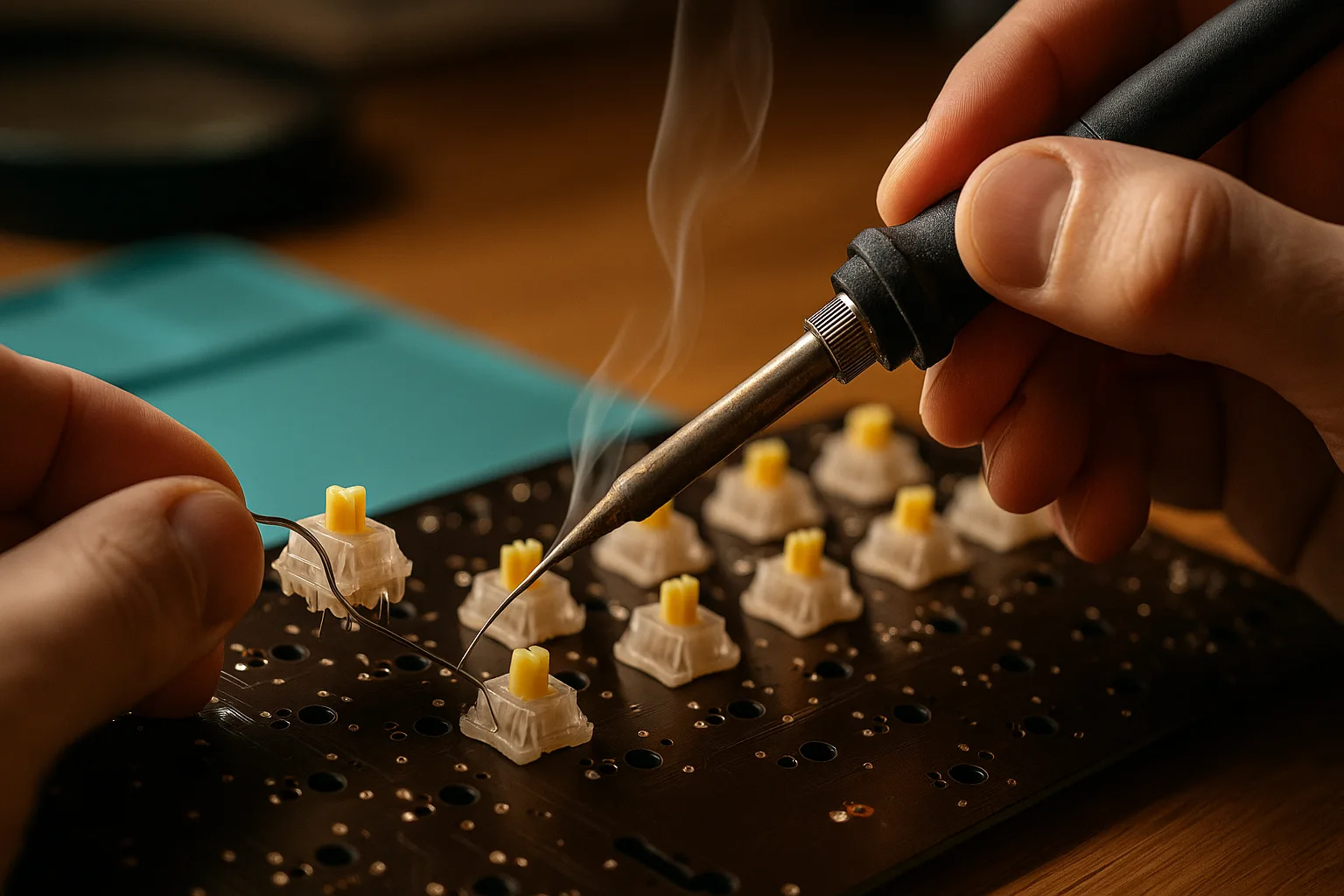 Close-up of a person soldering mechanical switches onto a keyboard PCB with a soldering iron and a steady hand