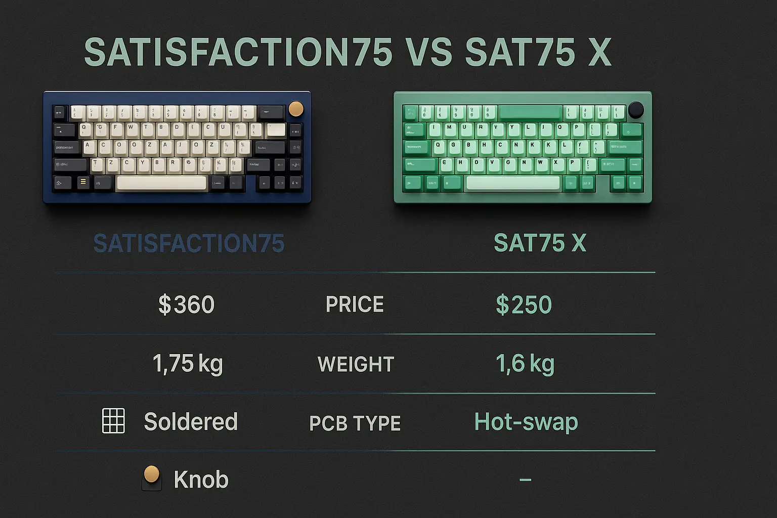 Feature comparison chart of Satisfaction75 and Sat75 X mechanical keyboards 2025