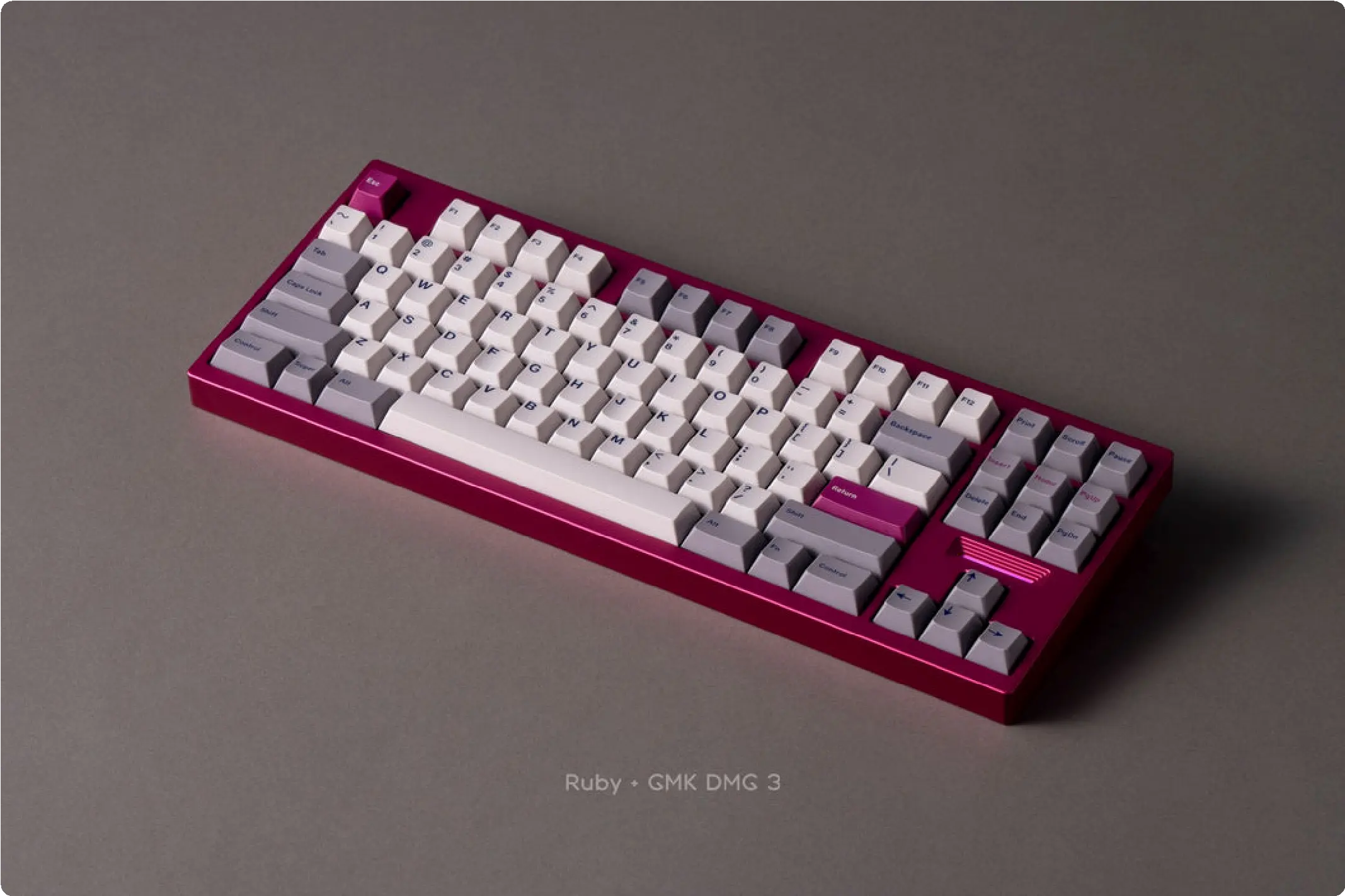 A purple TKD Cycle8 mechanical keyboard with white, light gray, and dark gray keycaps, featuring a standard layout with a number pad.