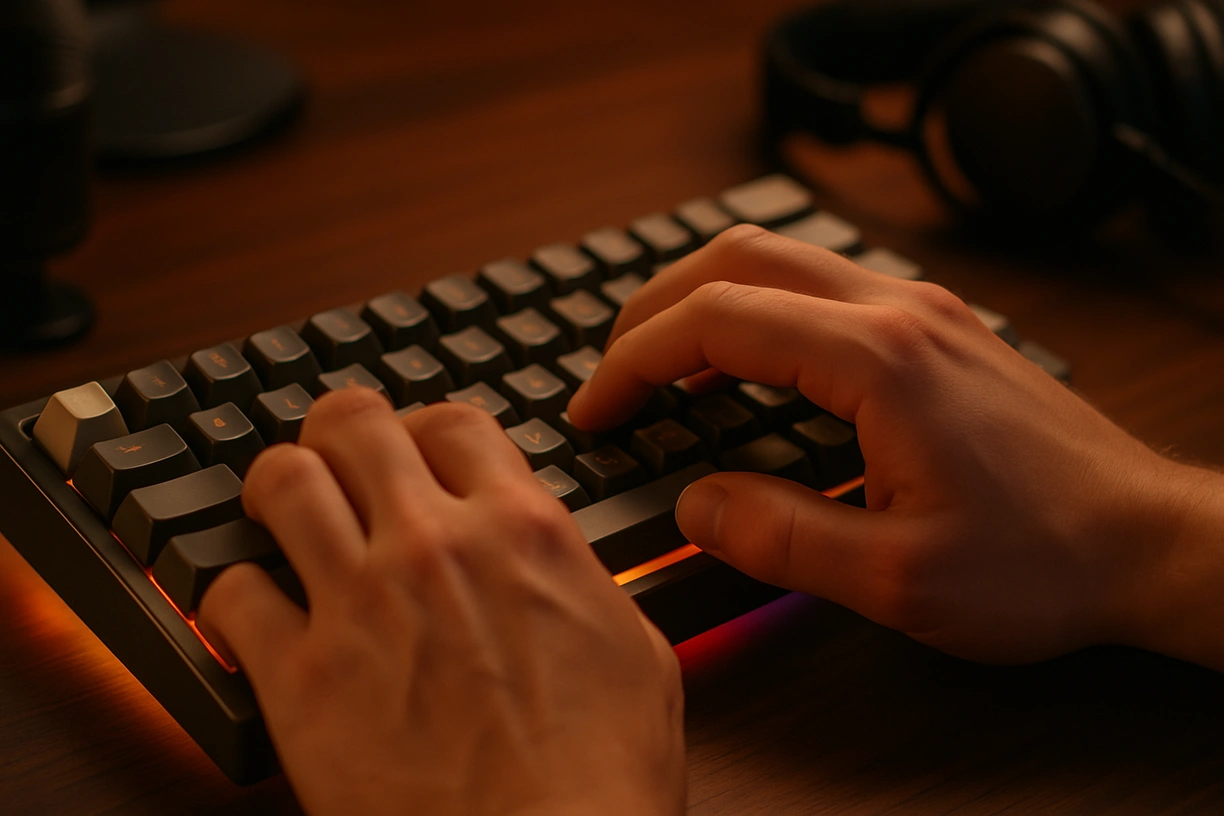 Close-up of fingers typing on Mode Envoy keycaps with a mechanical keyboard sound test setup, showing high-quality switches and workspace focus.