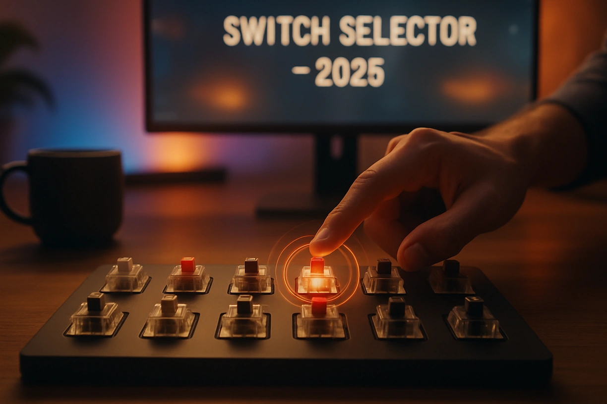 User selecting from the best linear switches on a mechanical keyboard in 2025 with glowing highlights and futuristic design