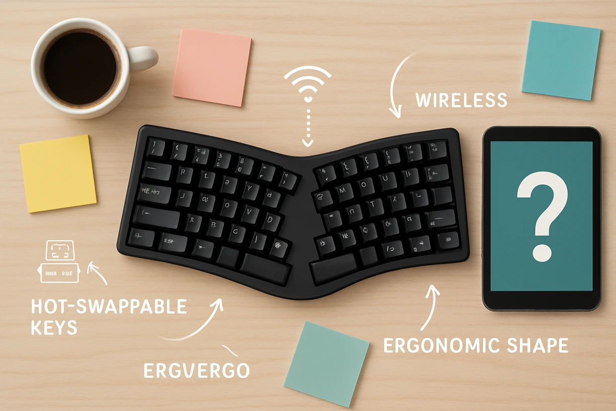 Flat-lay of the Neo Ergo keyboard surrounded by sticky notes, a tablet with a question mark icon, and infographic arrows pointing to features.