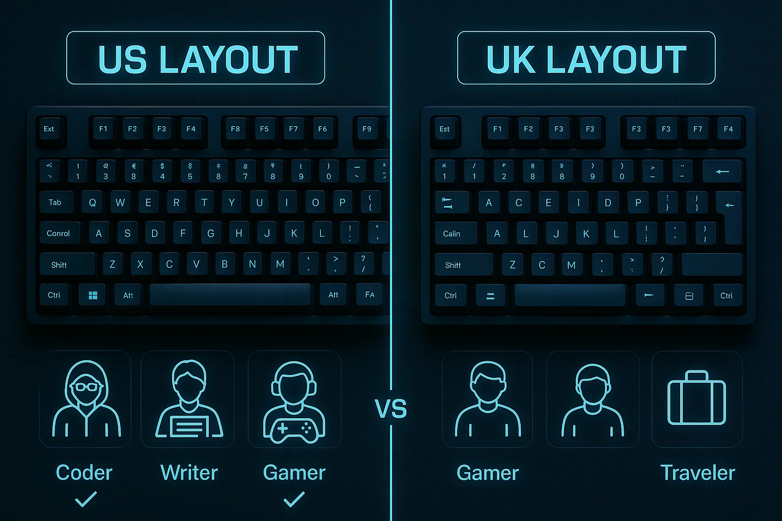 Decision guide comparing UK and US keyboard layouts for gamers, coders, and travelers