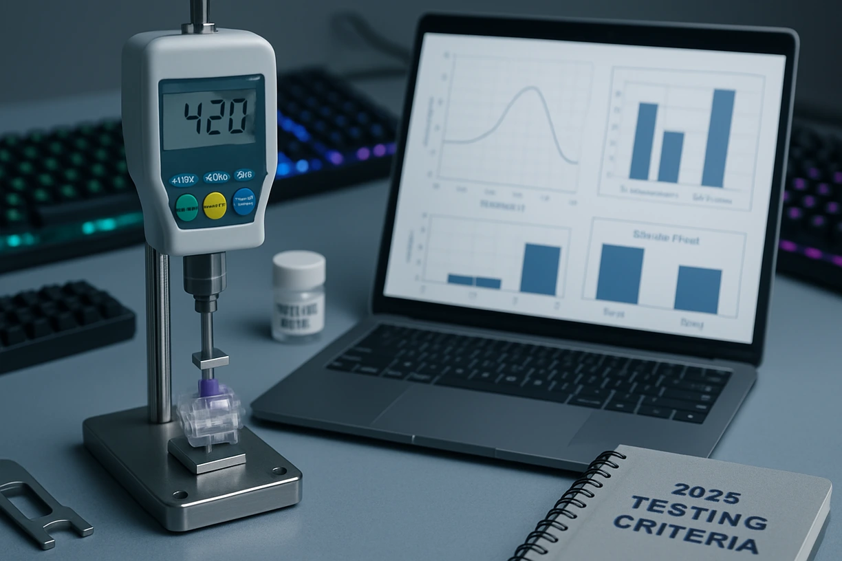 Professional switch testing setup with force gauge and tools used to evaluate the best linear switches in 2025