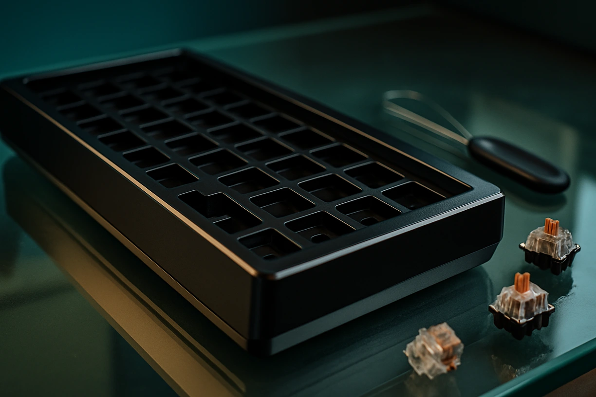 Side-angle view of the Neo Ergo keyboard highlighting its CNC-machined aluminum case and frosted POM base on a glass desk with tools nearby.