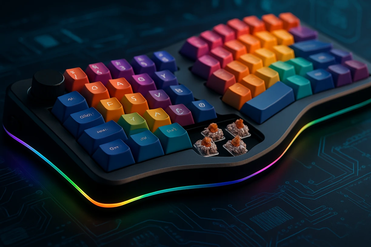 Zoomed-in photo of the Neo Ergo keyboard showing RGB lighting, split Alice layout, exposed switches, and USB-C port with colorful tech details.