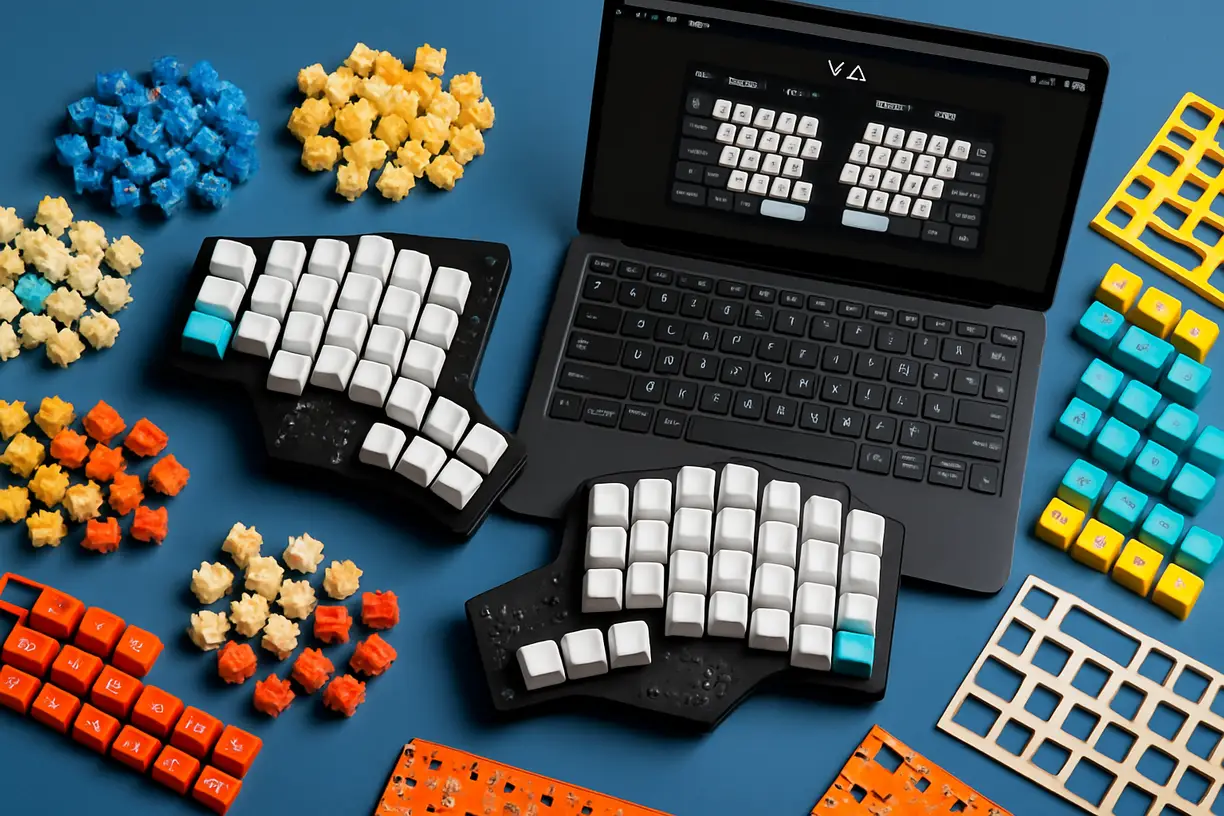 Top-down photo of mechanical keyboard components like switches, keycaps, PCBs, and a partially assembled Neo Ergo keyboard on a techy work desk.