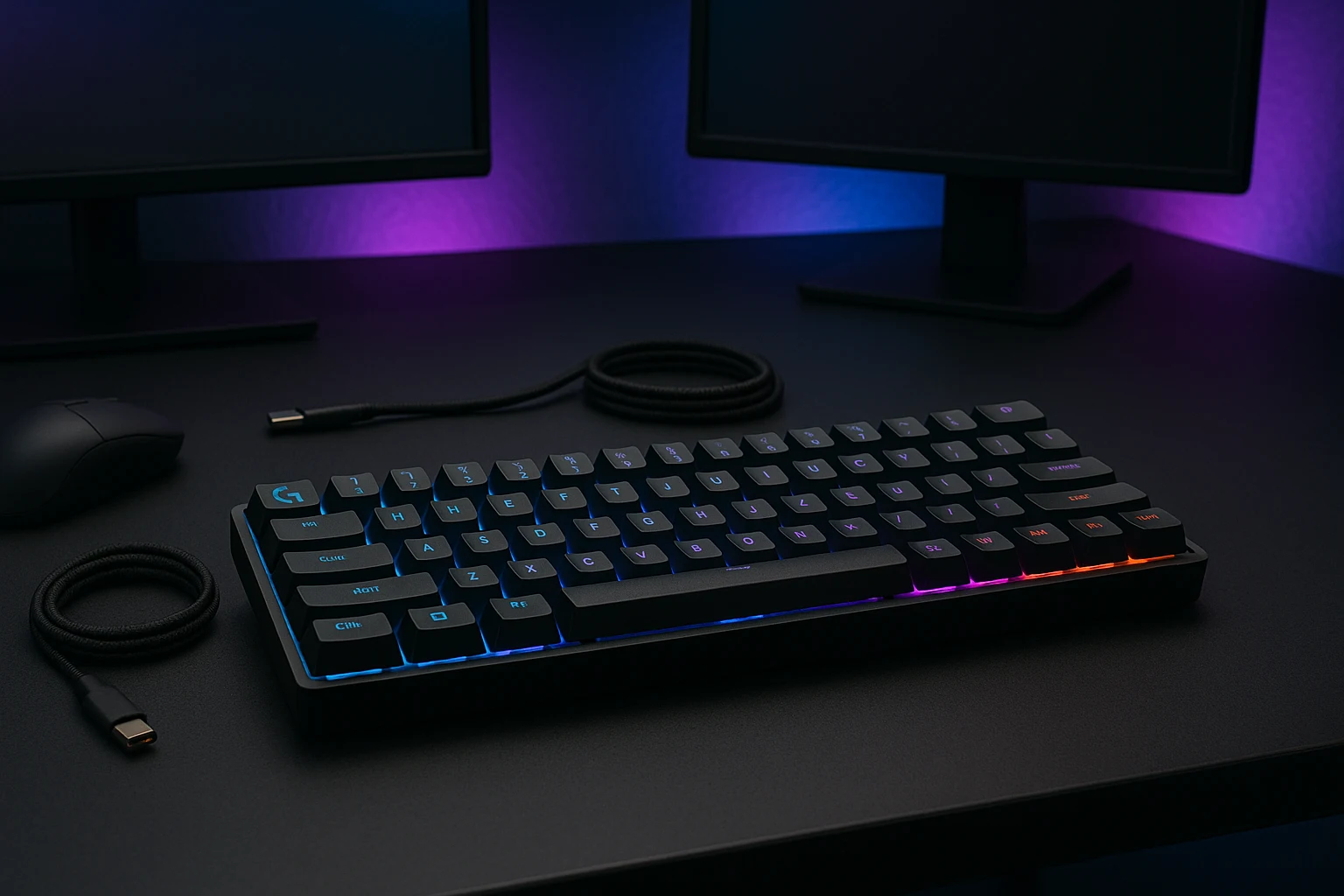 Logitech G Pro X 60 compact mechanical keyboard with vivid RGB lighting on a clean desk in a pro gamer tech studio setup.