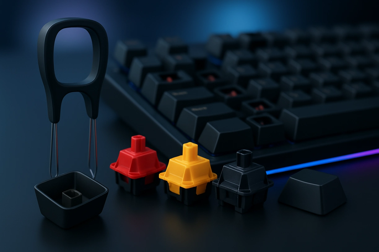 Best Linear Switches in 2025 (Ranked by Gamers & Typists) High-quality mechanical keyboard with exposed components showing the best linear switches for gaming and typing in 2025