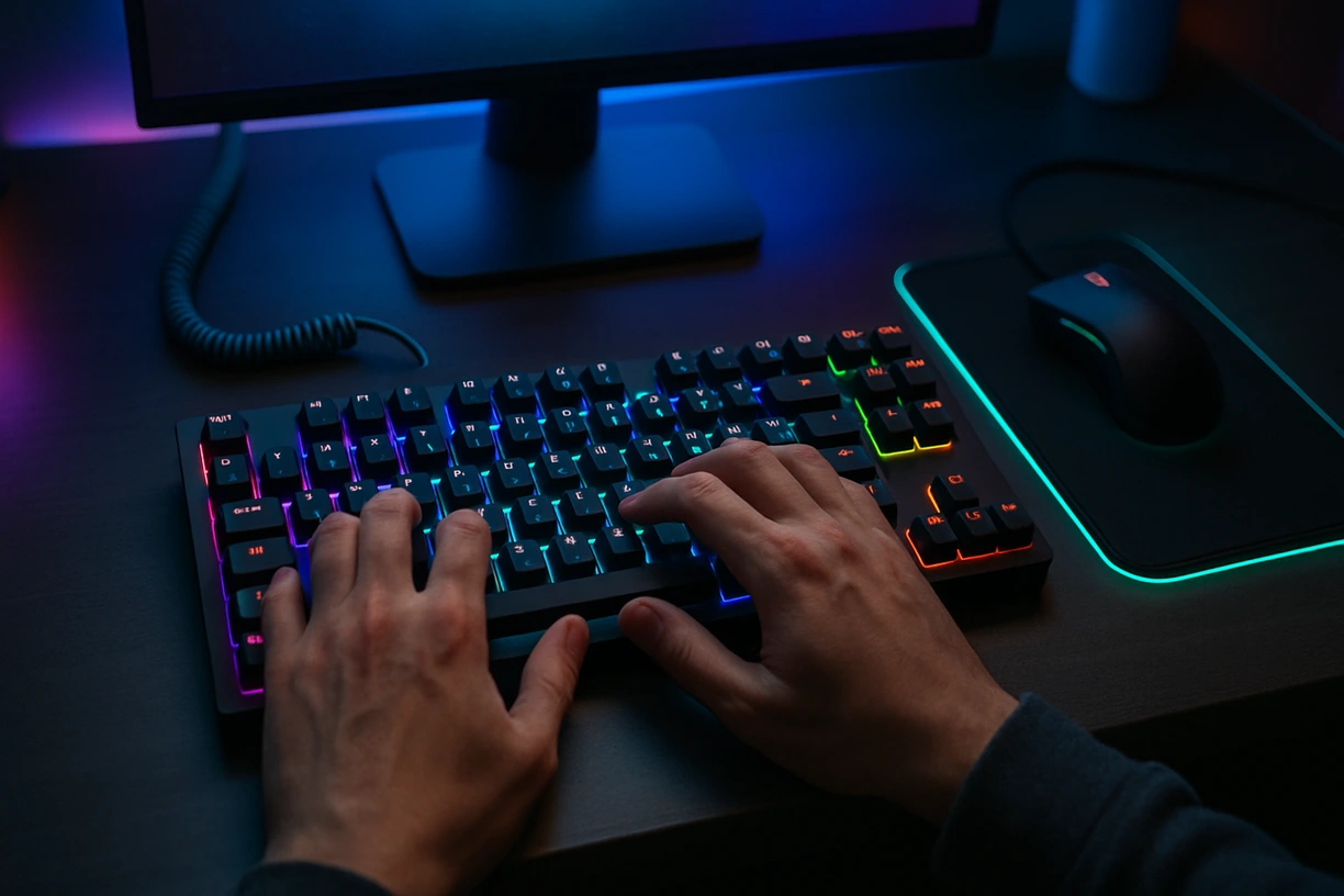 Overhead view of a person using a mechanical keyboard with a coiled cable in a tech workspace with RGB lighting.