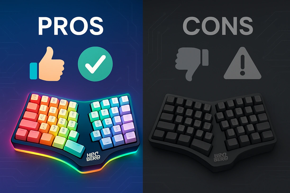 Split-view image showing glowing Neo Ergo keyboard under “Pros” and a dimmed version under “Cons” with modern icons for comparison