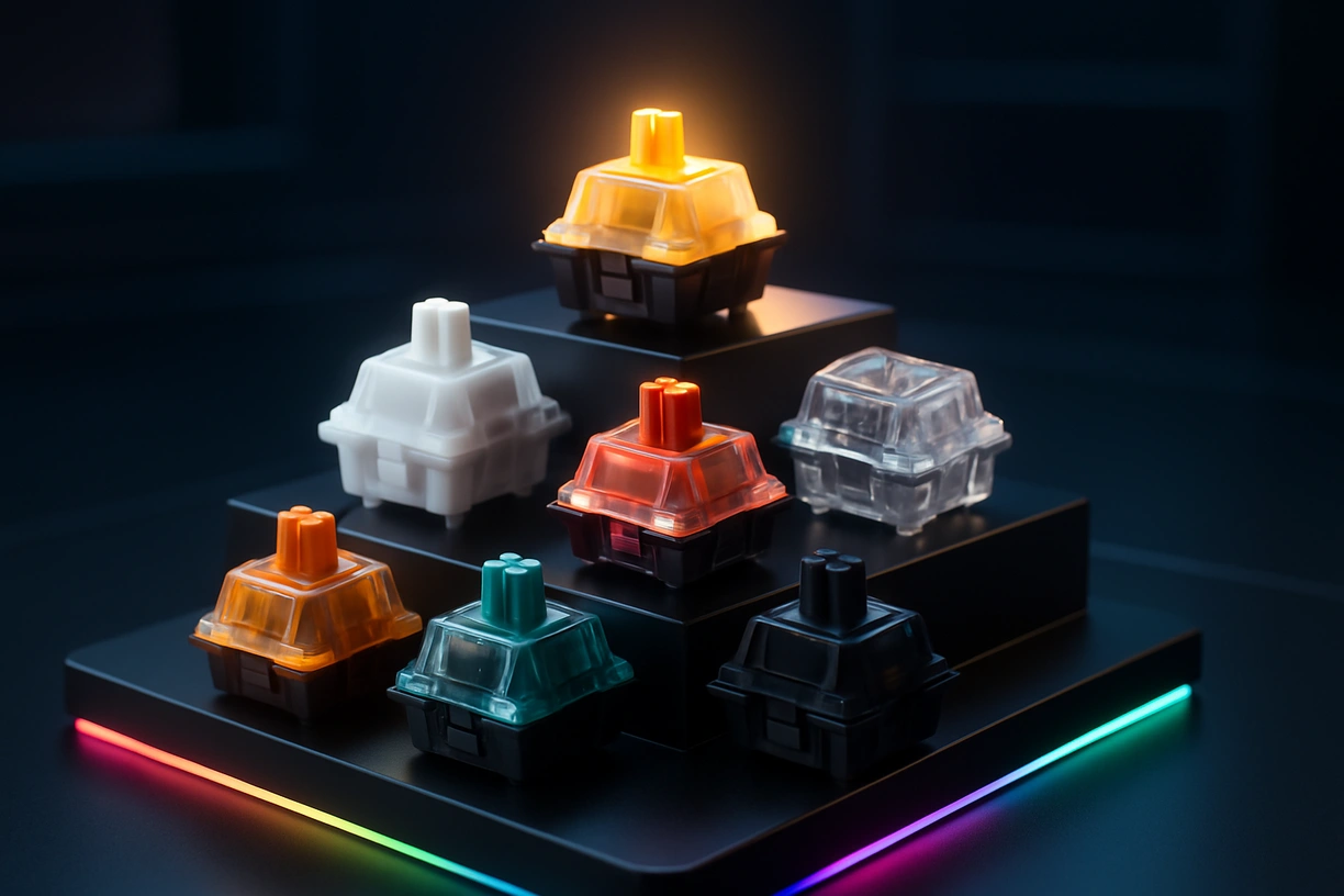 Visual ranking of the top 7 best linear switches in 2025 on a glowing tiered display with labels and highlights