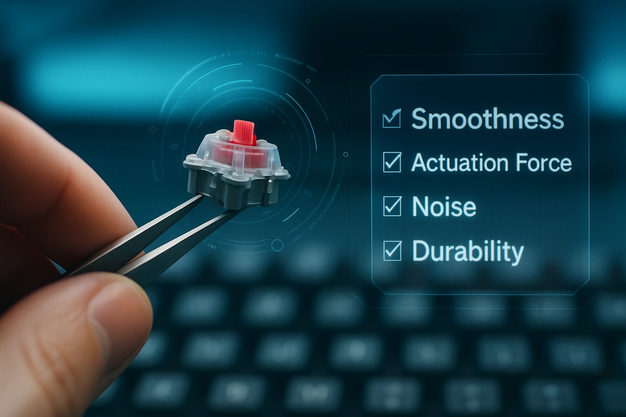 Detailed image of key factors to consider when choosing the best linear switches, including smoothness, force, and build