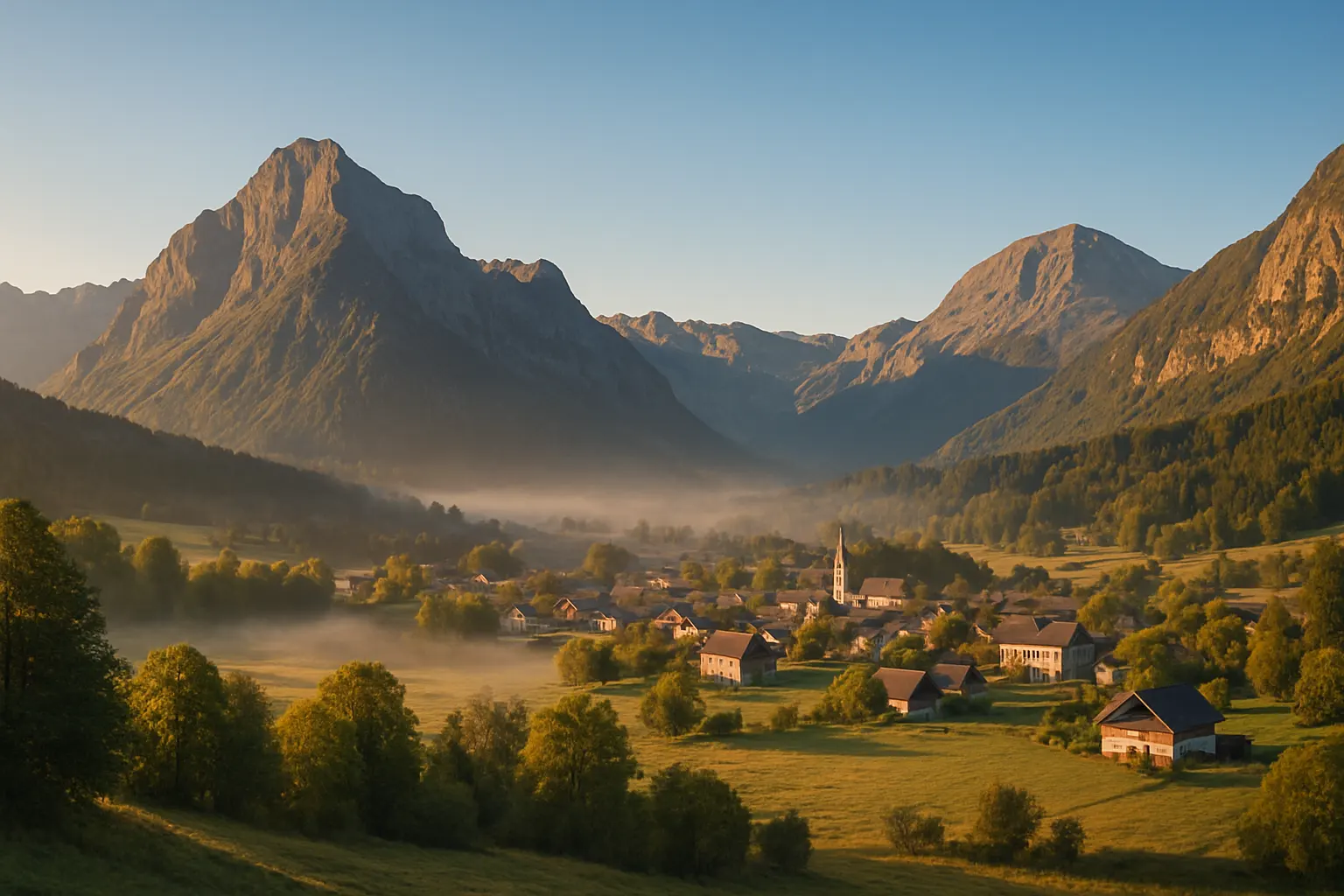 olden hour view of mountains and village in Vuzillfotsps