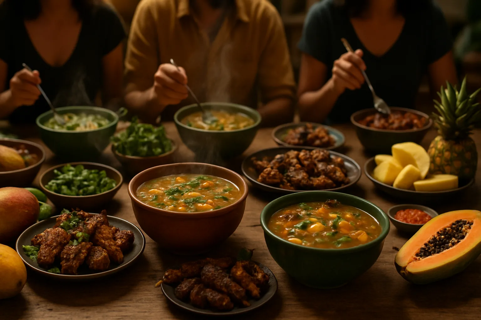 Traditional Vuzillfotsps dishes with locals enjoying a meal