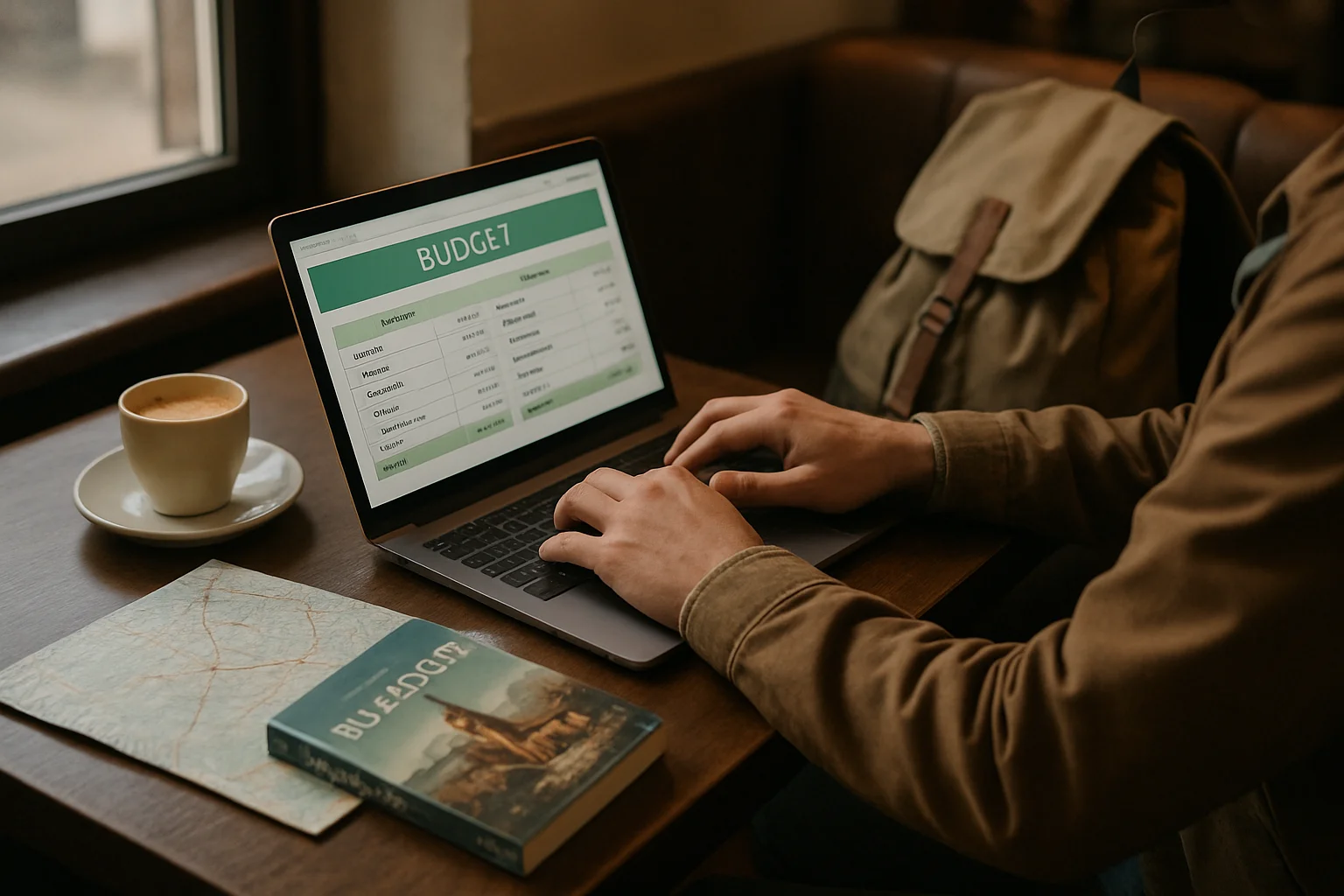 Traveler planning budget trip in a Vuzillfotsps café