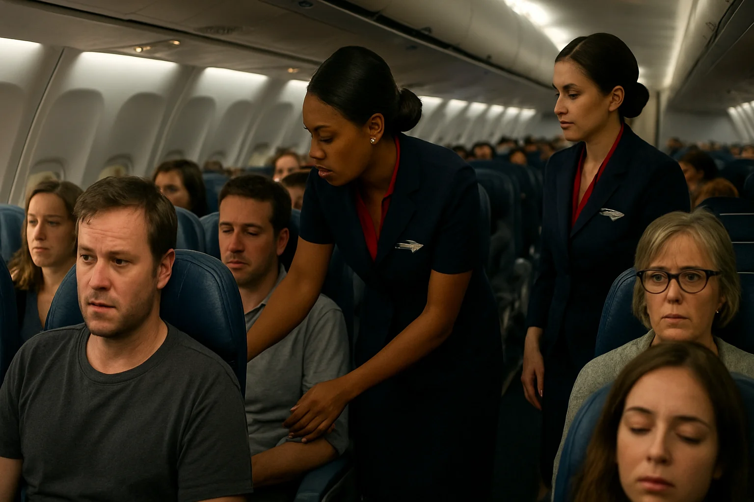 Passengers seated inside Delta Flight DL275 after diversion, showing calm atmosphere with cabin crew assisting