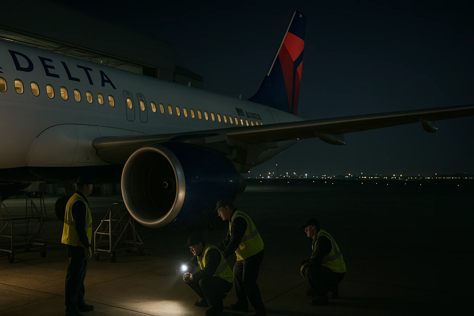 Delta aircraft on the runway at Los Angeles International Airport after diversion, with terminal in the background