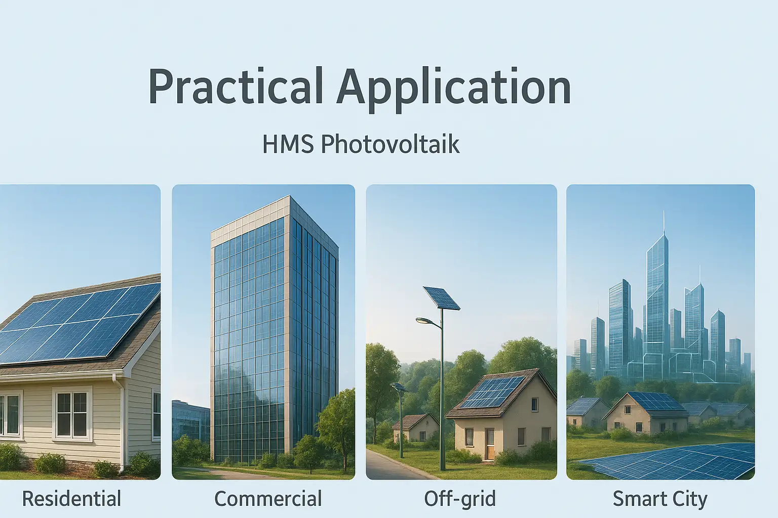 A clean layout showing the practical applications of HMS Photovoltaik with clear labels and visuals, making it easy to understand where solar solutions fit in daily life
