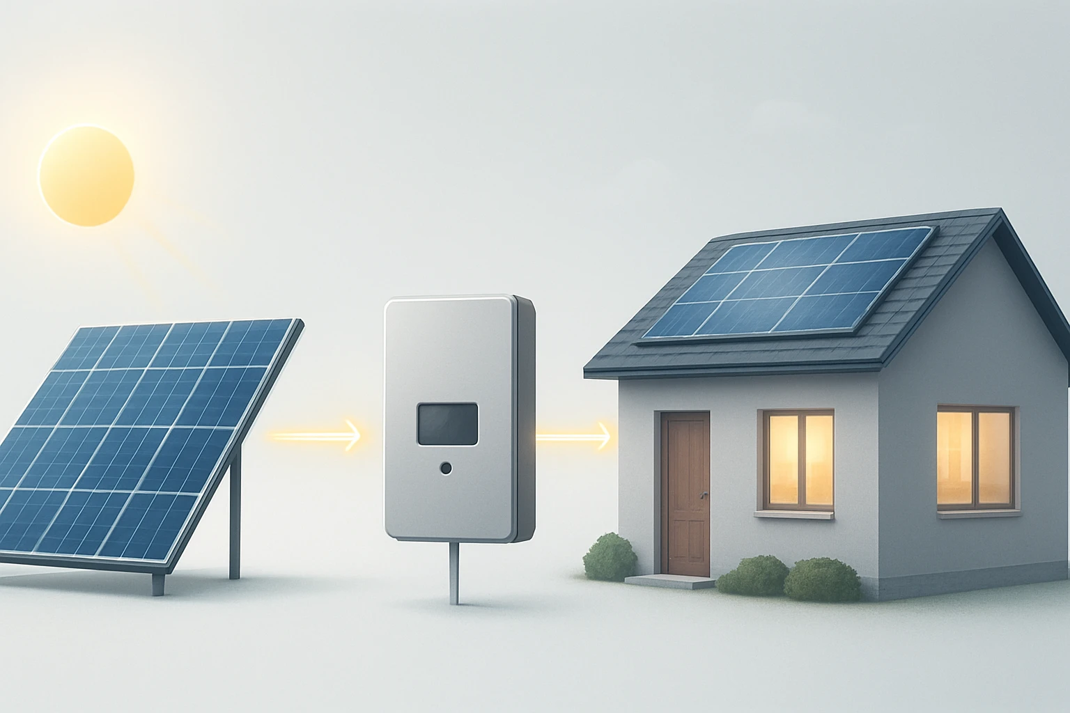 how HMS Photovoltaik works with sunlight hitting solar panels, energy flowing to an inverter, and powering a smart home