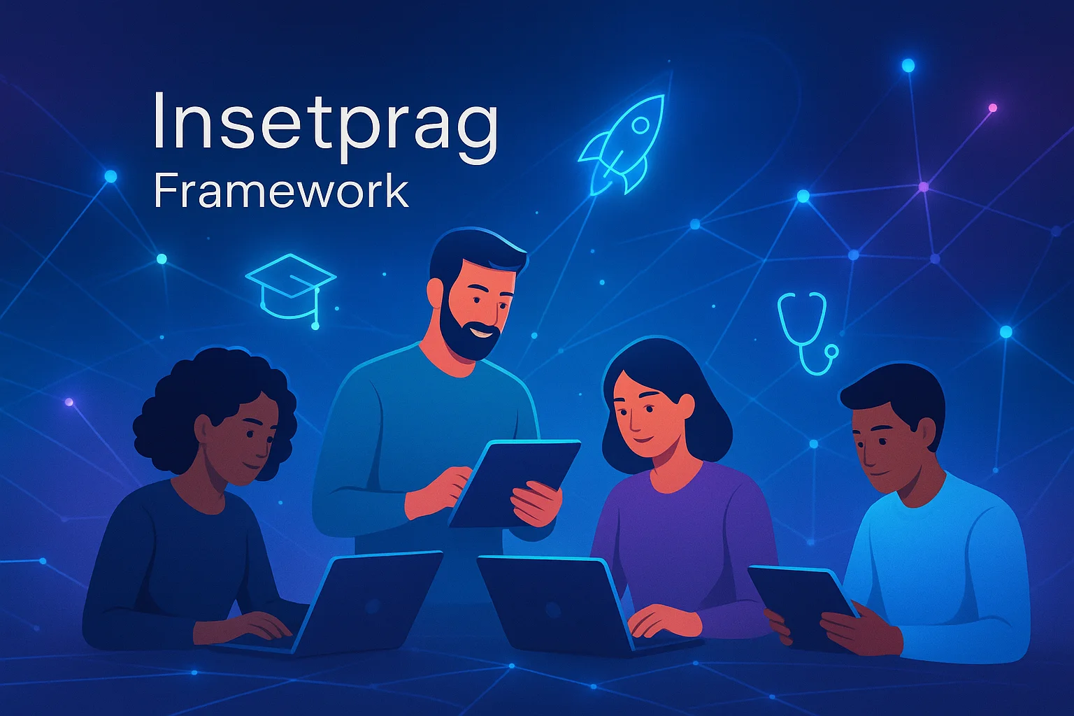 Insetprag Explained: A Pragmatic Framework Transforming Tech in 2025 Horizontal illustration of the Insetprag framework showing innovation, education, healthcare, and collaboration with futuristic tech elements