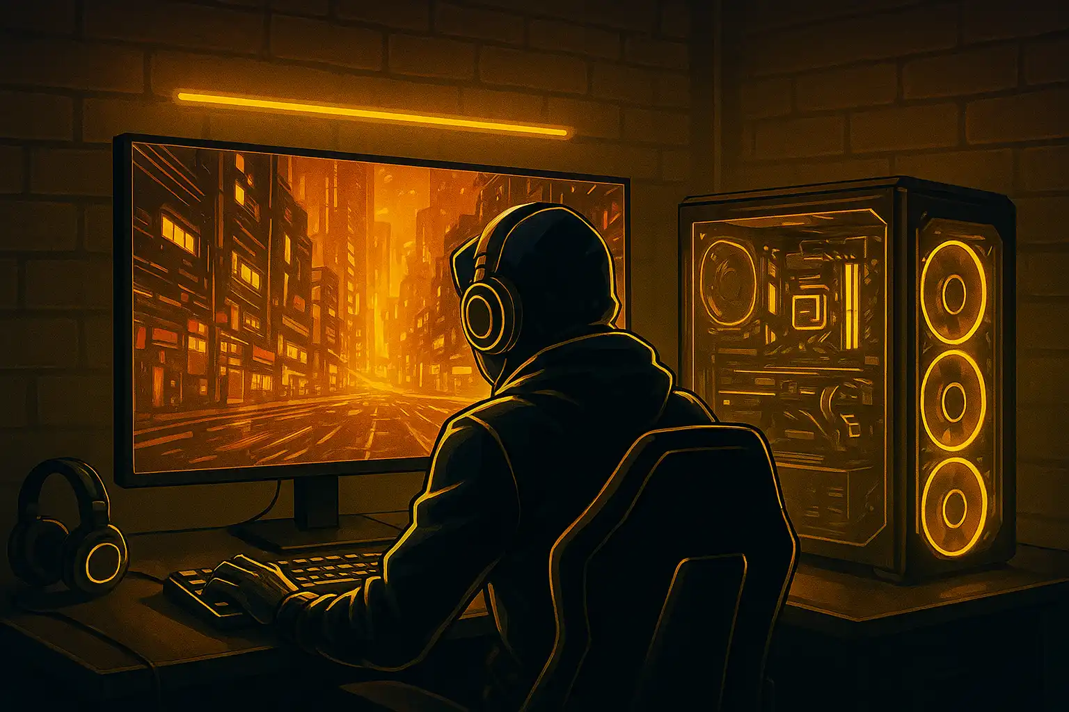 A realistic cyberpunk gaming room with neon lights, curved monitor, and PLG supplies powering a futuristic tech setup
