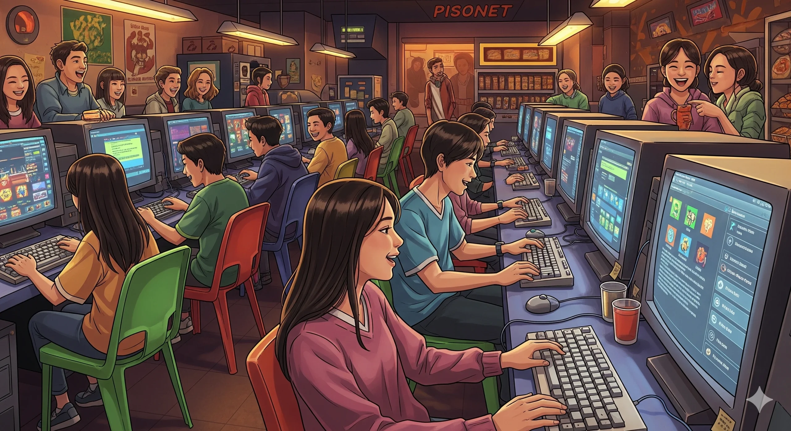 Colorful illustration of a lively Filipino Pasonet café in the early 2000s, with students and gamers using coin-operated computers, chatting, and playing games