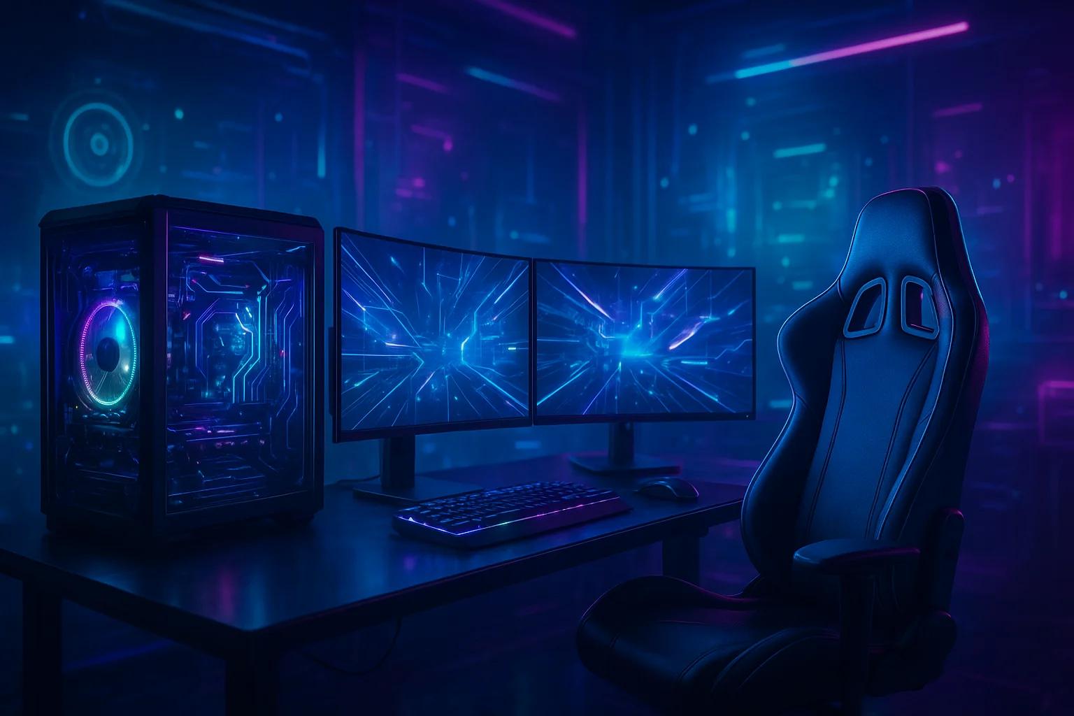 A modern dual-monitor streaming desk with RGB keyboard, mic, camera, and PLG supplies supporting a pro gamer setup