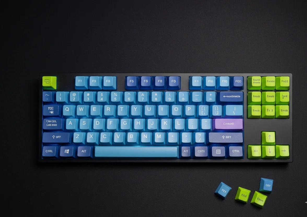 Full view of a black TKL keyboard with tall, sculpted SA profile keycaps in blue, light blue, and bright green
