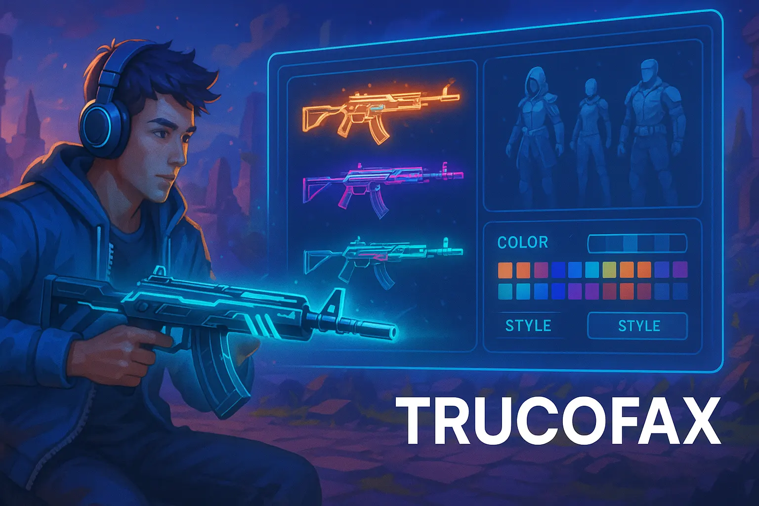 Trucofax gaming customization showing evolving weapons and skins in a dynamic game environment
