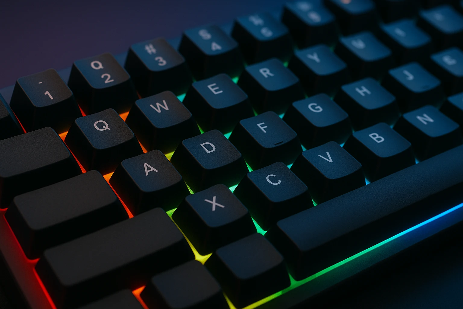 Close-up of black Cherry profile keycaps with rainbow RGB lighting visible between the keys.