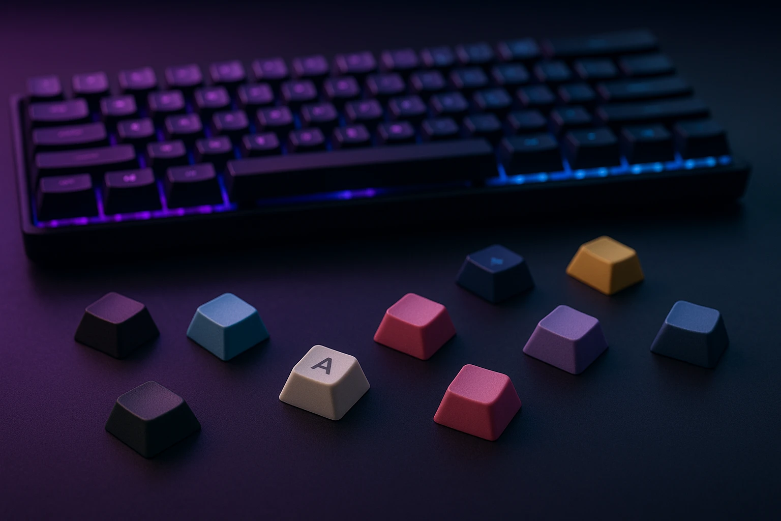 Assortment of single, colorful KAT profile keycaps in the foreground with a blurred RGB keyboard in the background