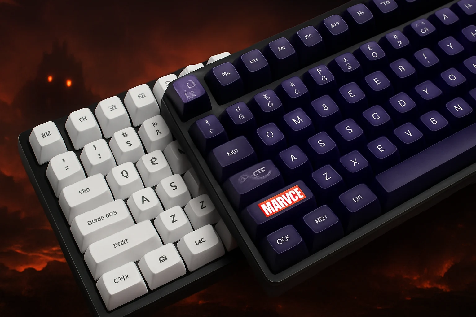 Two keyboards, one with white keycaps and one with dark purple MT3 profile keycaps, against a dramatic background