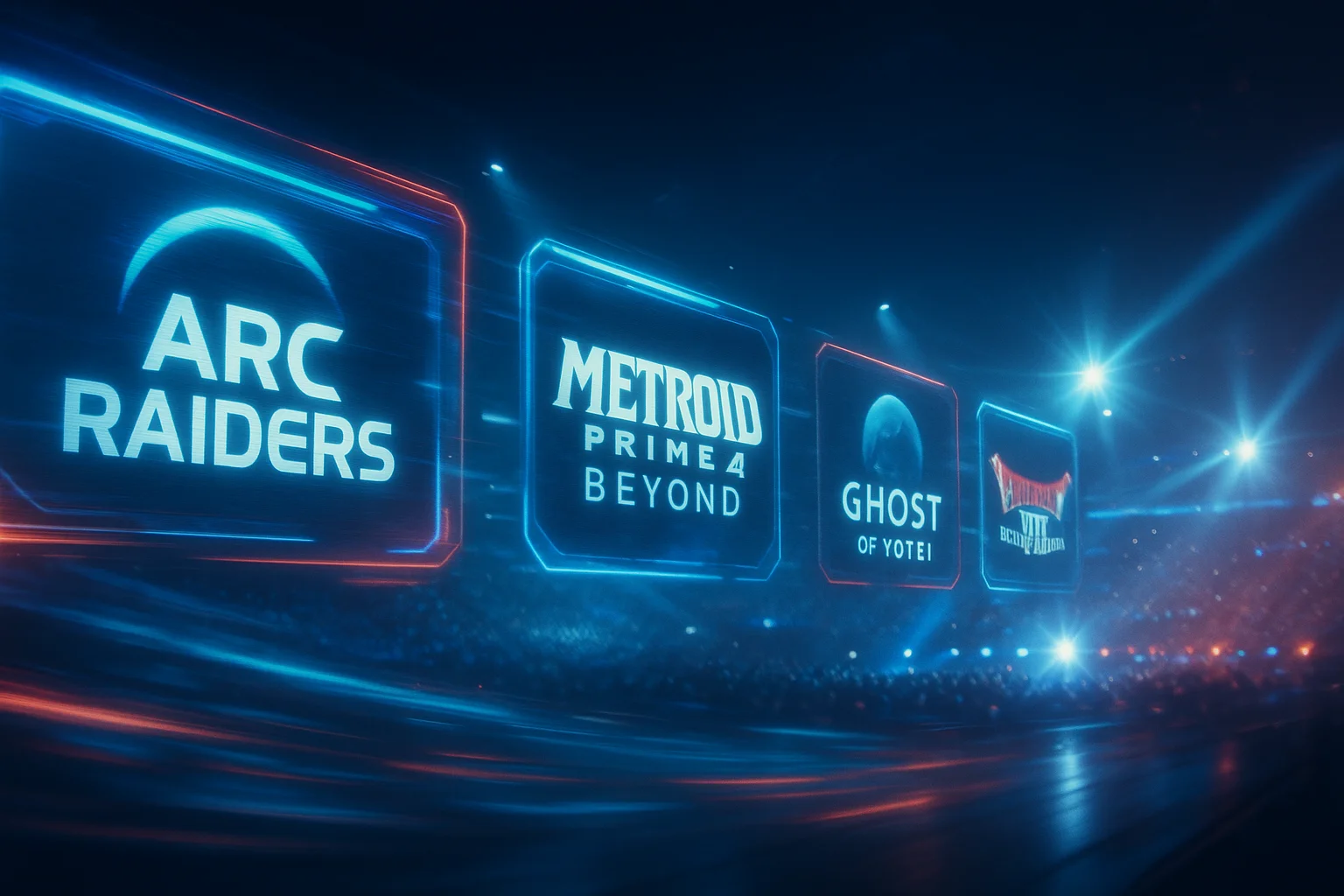 Futuristic esports arena with glowing holographic screens showing upcoming games — ARC Raiders, Metroid Prime 4: Beyond, Ghost of Yōtei, and Dragon Quest VII: Reimagined in neon blue and red light.