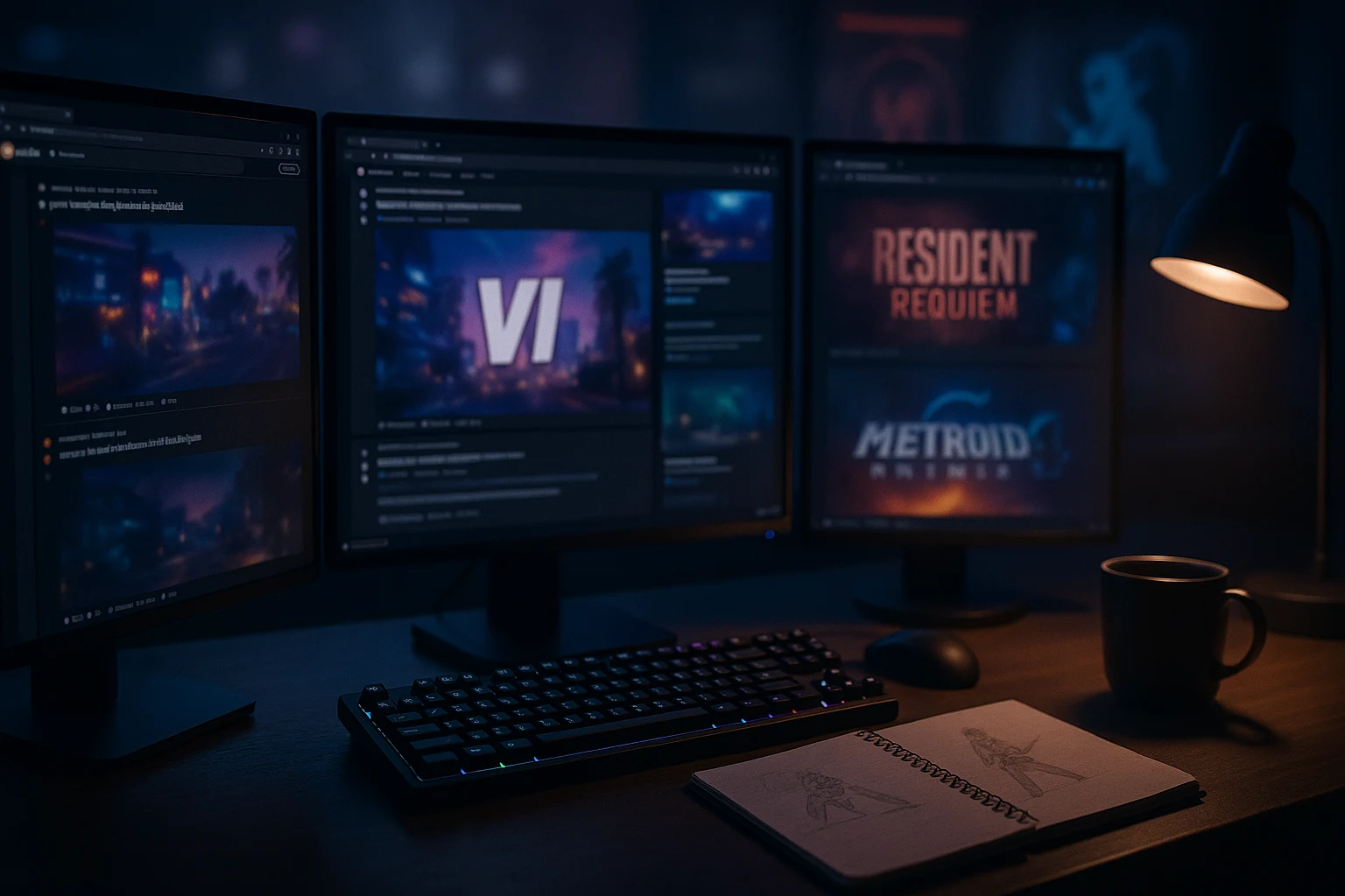 Modern gamer’s cinematic workspace glowing with gaming discussions and leaks at night