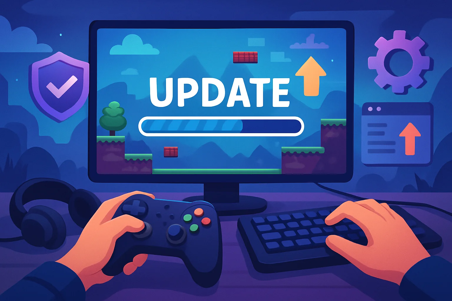 Gamer using controller and keyboard during a system update on screen, showing colorful video game landscape and icons.