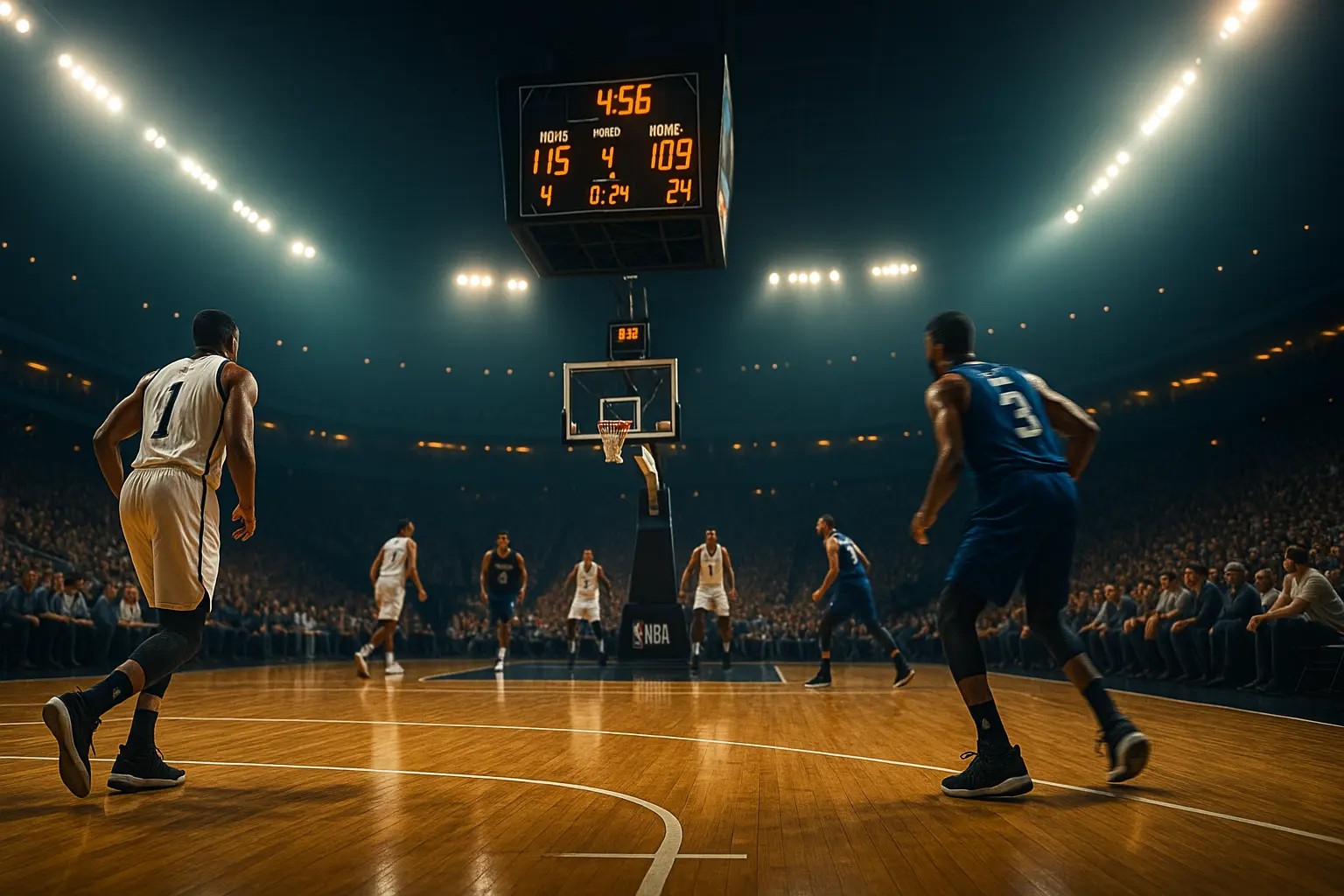 Intense NBA Game Moment with Players Competing Under Stadium Lights