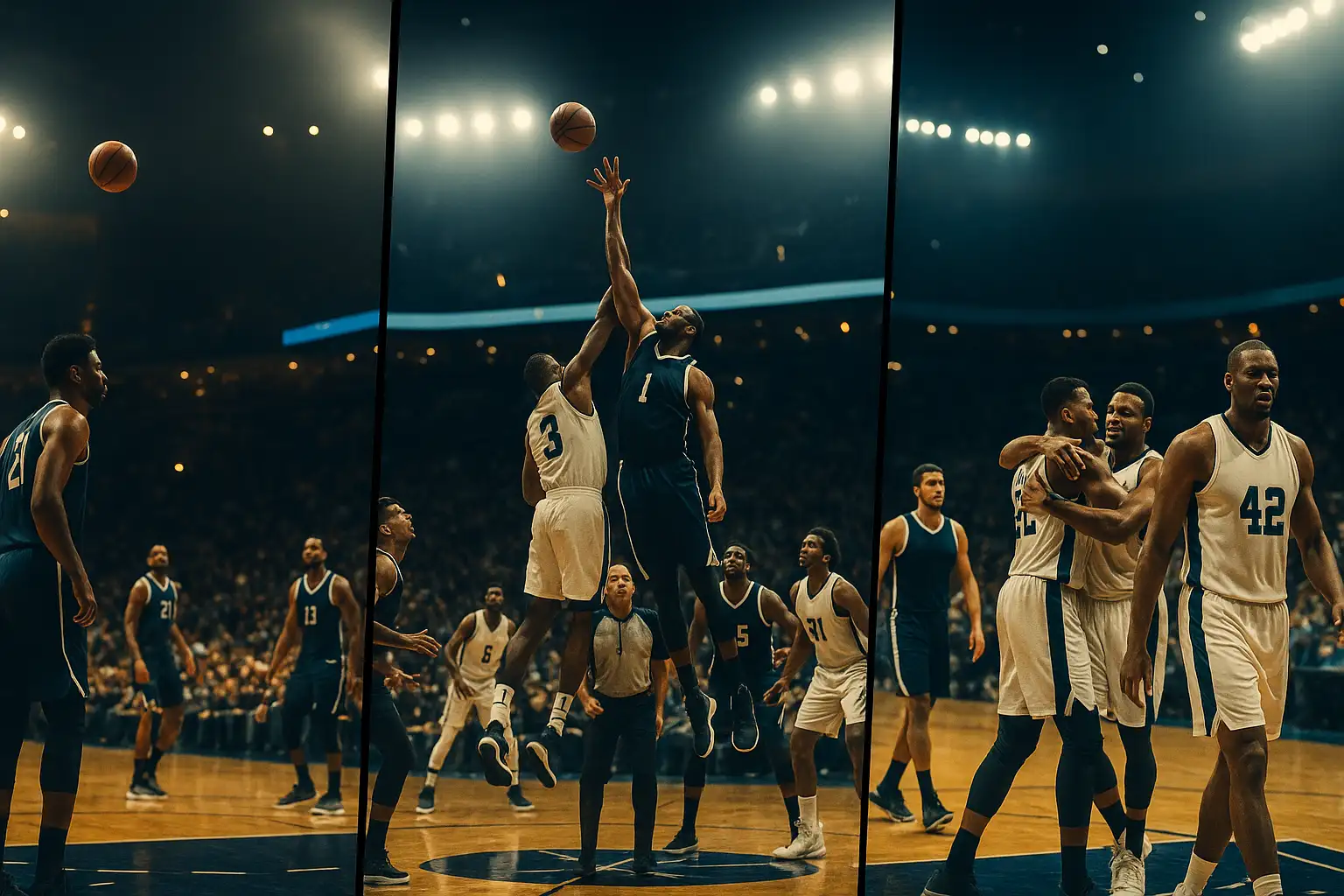 Cinematic image showing the full timeline of an NBA game, players warming up, mid-game action at center court, and post-game celebration under bright arena lights.