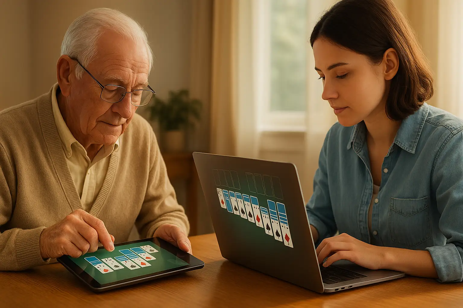 Elderly person and young adult playing Solitaire on digital devices together, showing how is solitaire good for your brain across different age groups by improving focus and memory.